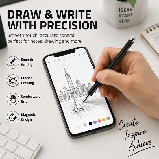 2-in-1 stylus voor tablet en smartphone, universele capacitieve pen met magneet en 2 punten (vezel + schijf), touchscreen-pen zonder Bluetooth voor alle telefoons en tablets, zwart — afbeelding 3