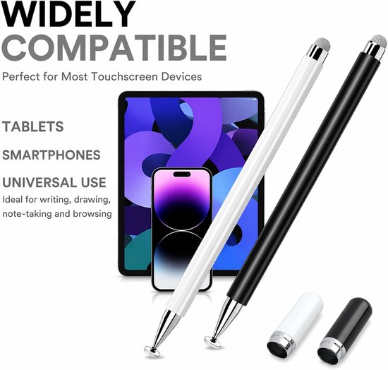 2-in-1 stylus voor tablet en smartphone, universele capacitieve pen met magneet en 2 punten (vezel + schijf), touchscreen-pen zonder Bluetooth voor alle telefoons en tablets, zwart — afbeelding 4