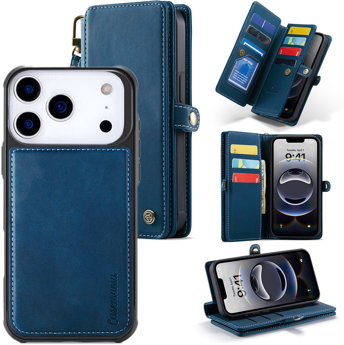 Casemania Hoesje Geschikt voor Apple iPhone 18 Pro Max - Navy Blue - Geschikt voor MagSafe - Luxe Kunstlederen 2 in 1 Portemonnee Book Case met Extra Vakken