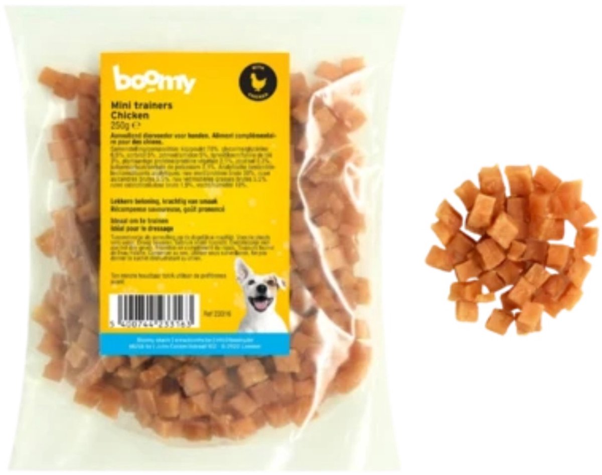 Boomy - Mini Trainers - Zachte hypoallergene hondensnacks - Kleine hondensnoepjes voor trainingen of tussendoortje - Kip smaak- 250g