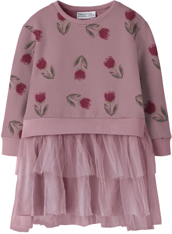 Roze NAME IT sweatjurk met tulpenprint en gelaagde tule rok.