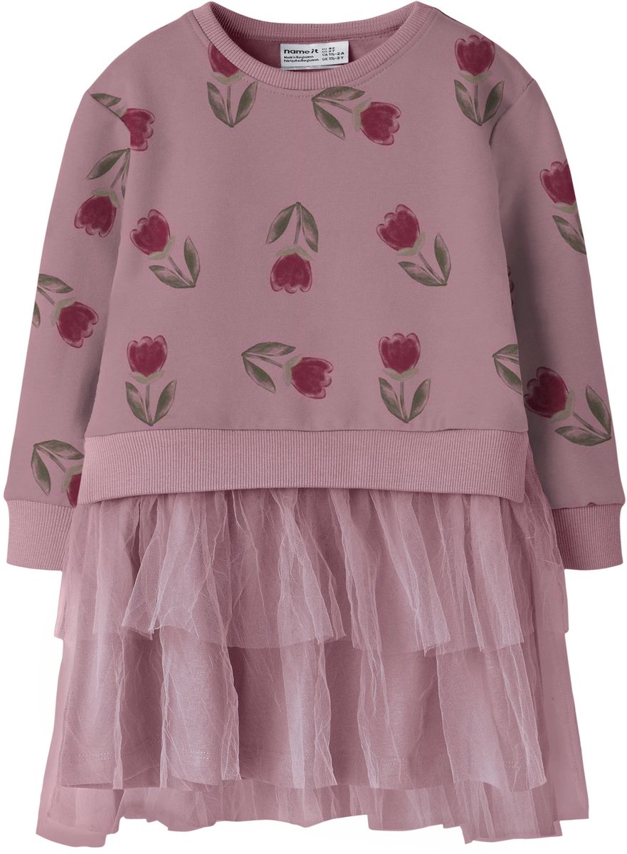 Name It meisjes sweatjurk roze met print en tule detail 98