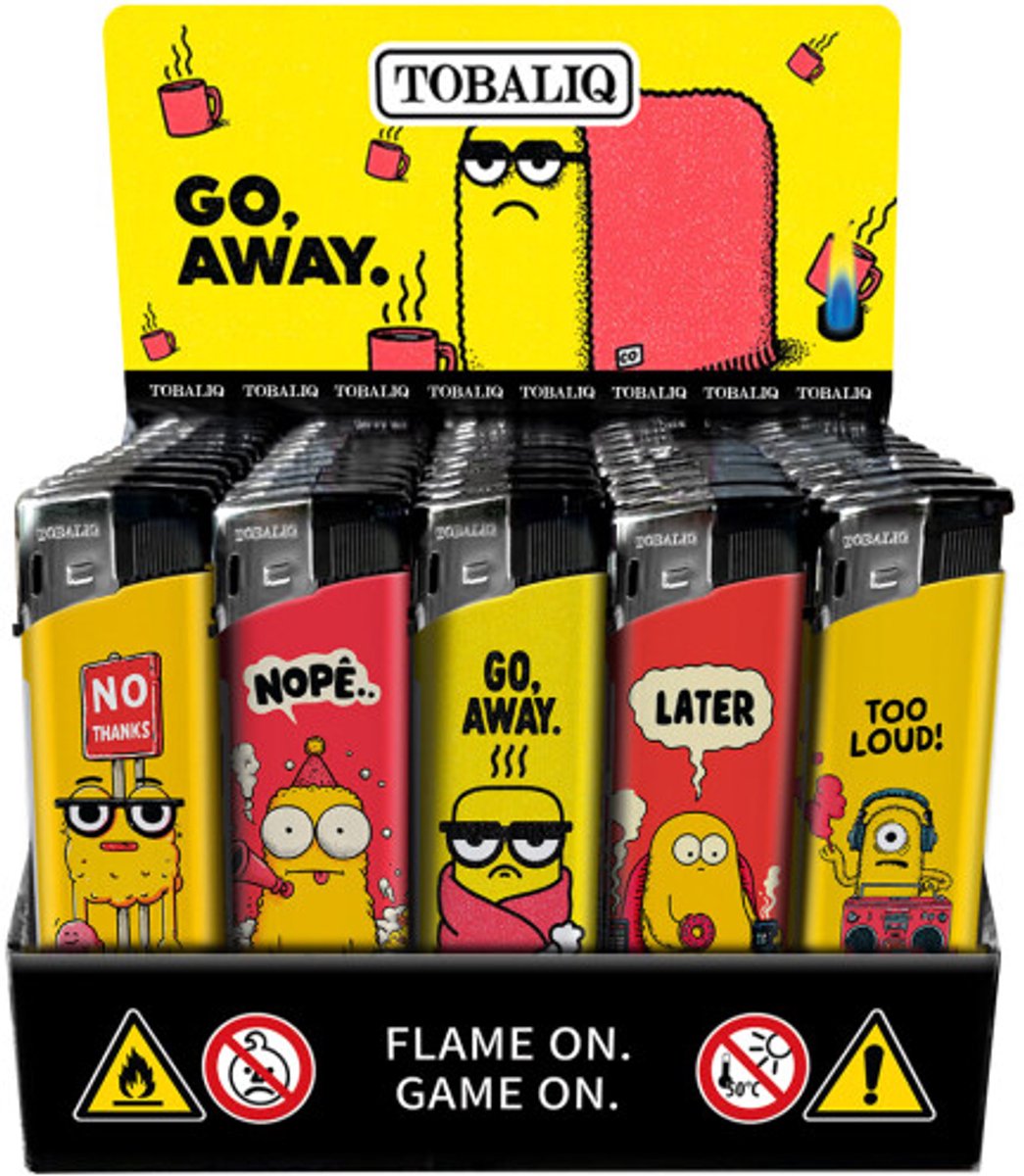 Elektronische aansteker hervulbaar - Design Go Away -Display 50 stuks - wegwerpaansteker - electronic lighter - klik aanstekers