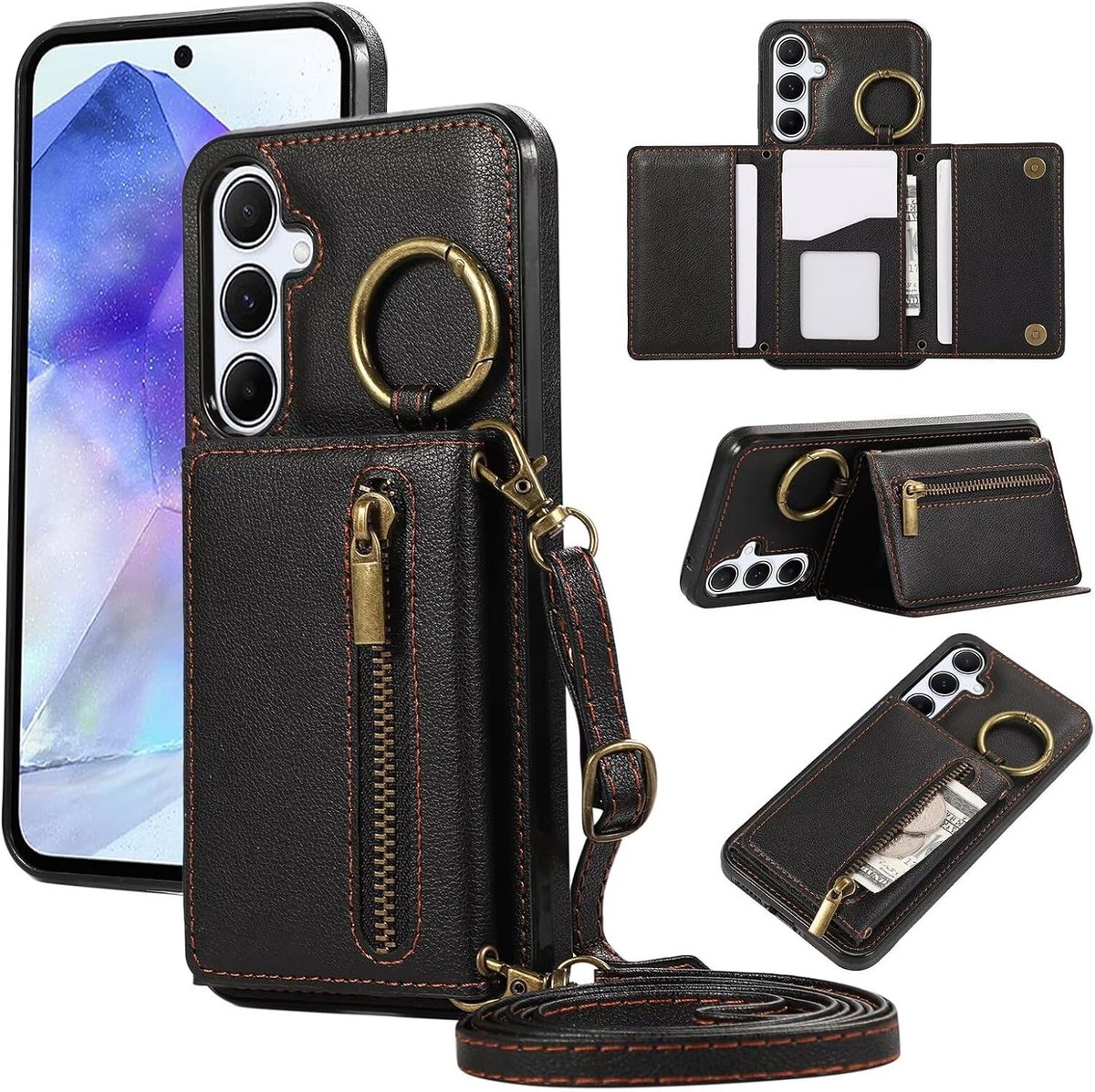 Wallet telefoonhoes voor Samsung Galaxy A57,Flip Leer Holster mobiele Hoesje voor meisje Met Crossbody koord, Magnetisch, Kaartsleuf, Standaard, Schokbestendig Case Zwart