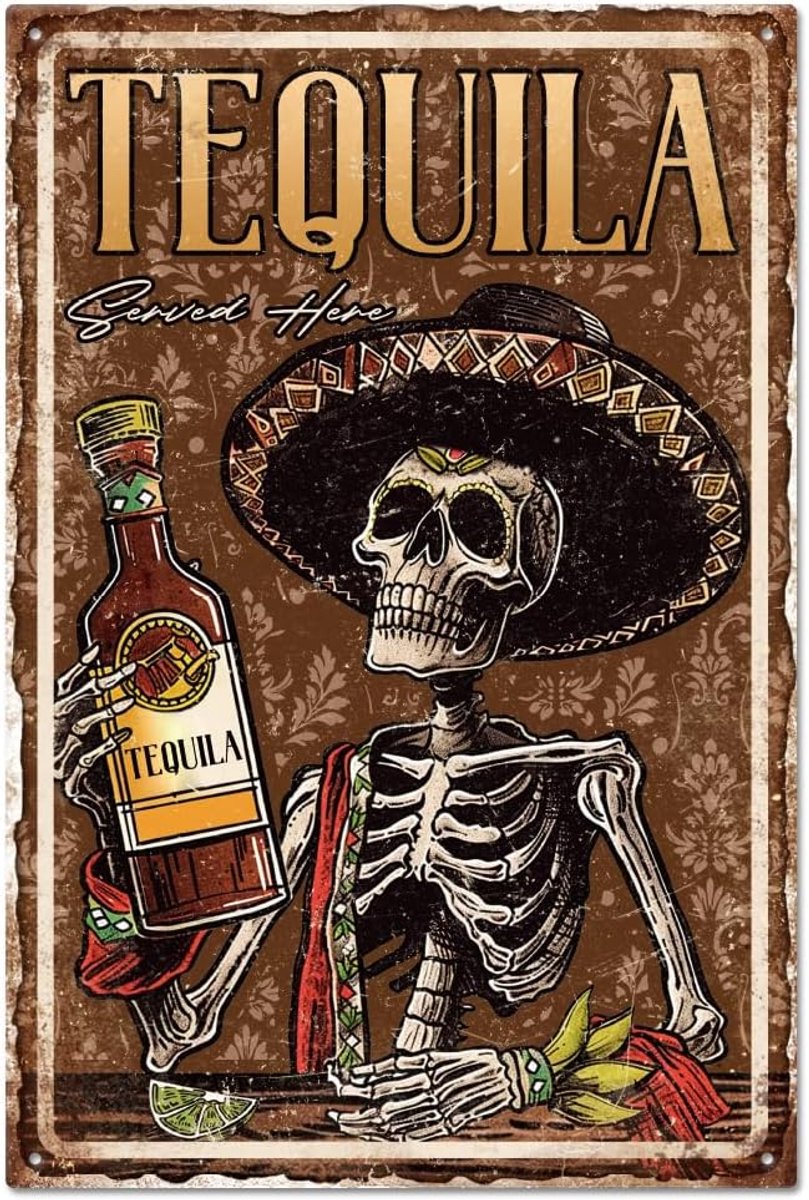 "Tequila Served Here" Mexicaans skelet Tequila metalen tinnen bord 30 x 20 cm, tequila alcohol kunst, plaquette, poster, muurdecoratie voor keuken, bar, club, restaurant, café