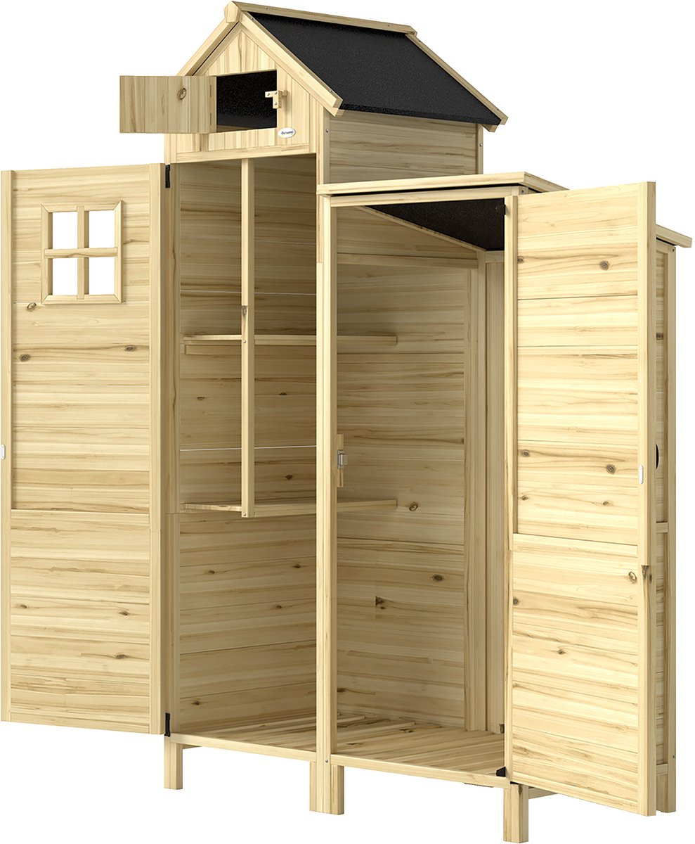 Robuuste houten tuinkast met dubbele zone met asfaltdak en afneembare planken - tuinhuisje - gereedschapsopslag met venster voor binnenplaats en terras - naturel