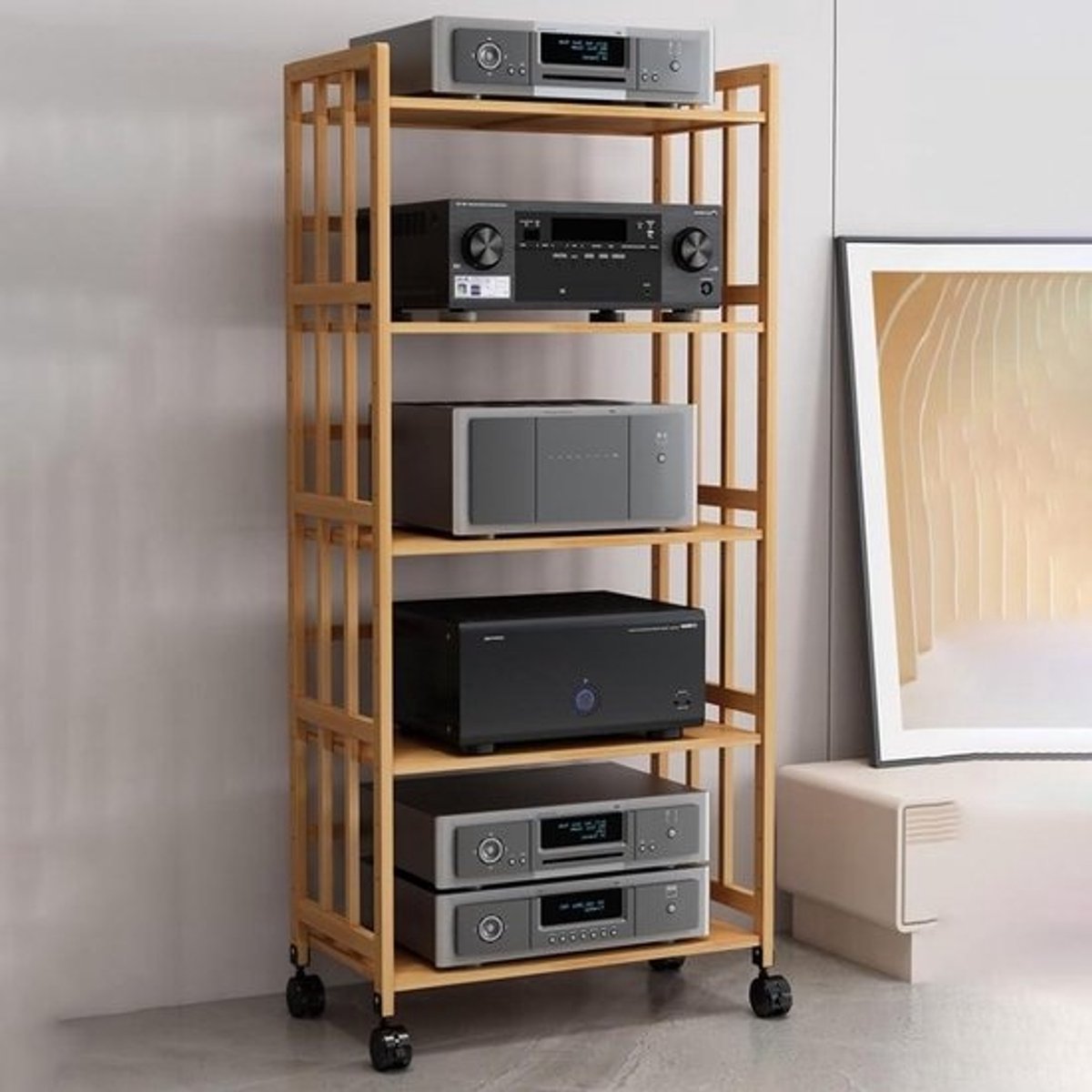 Audiorek Hout - Stereorek Kast - Media Opbergen - Verstelbaar Ontwerp - 80 cm B x 150 cm H - Houtkleur