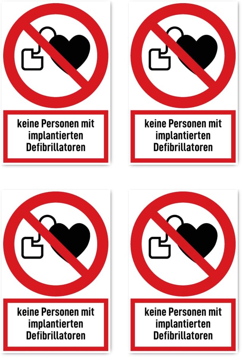 150x100 mm, 4 stuks - geen toegang voor personen met geïmplanteerde defibrillatoren - Verbodsteken met tekst (Duits) (rood/wit) - rechtop - P007 - DIN EN ISO 7010 / ASR A1.3
