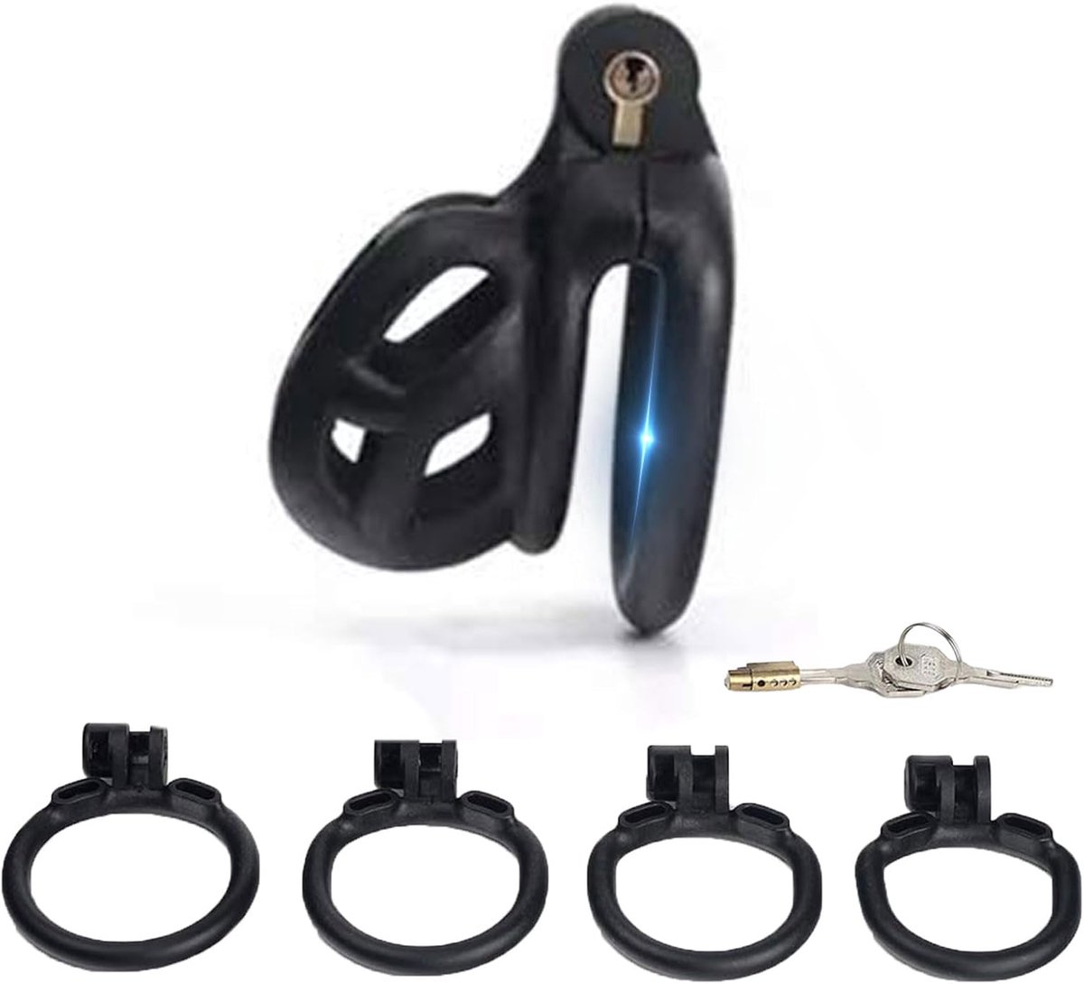 Kuisheidsgordelset met 4 cockringen, kleine kuisheid, kuisheidskooi, man, bondage, extreem voor mannen, kuisheid, , kooi, zwart (xs)