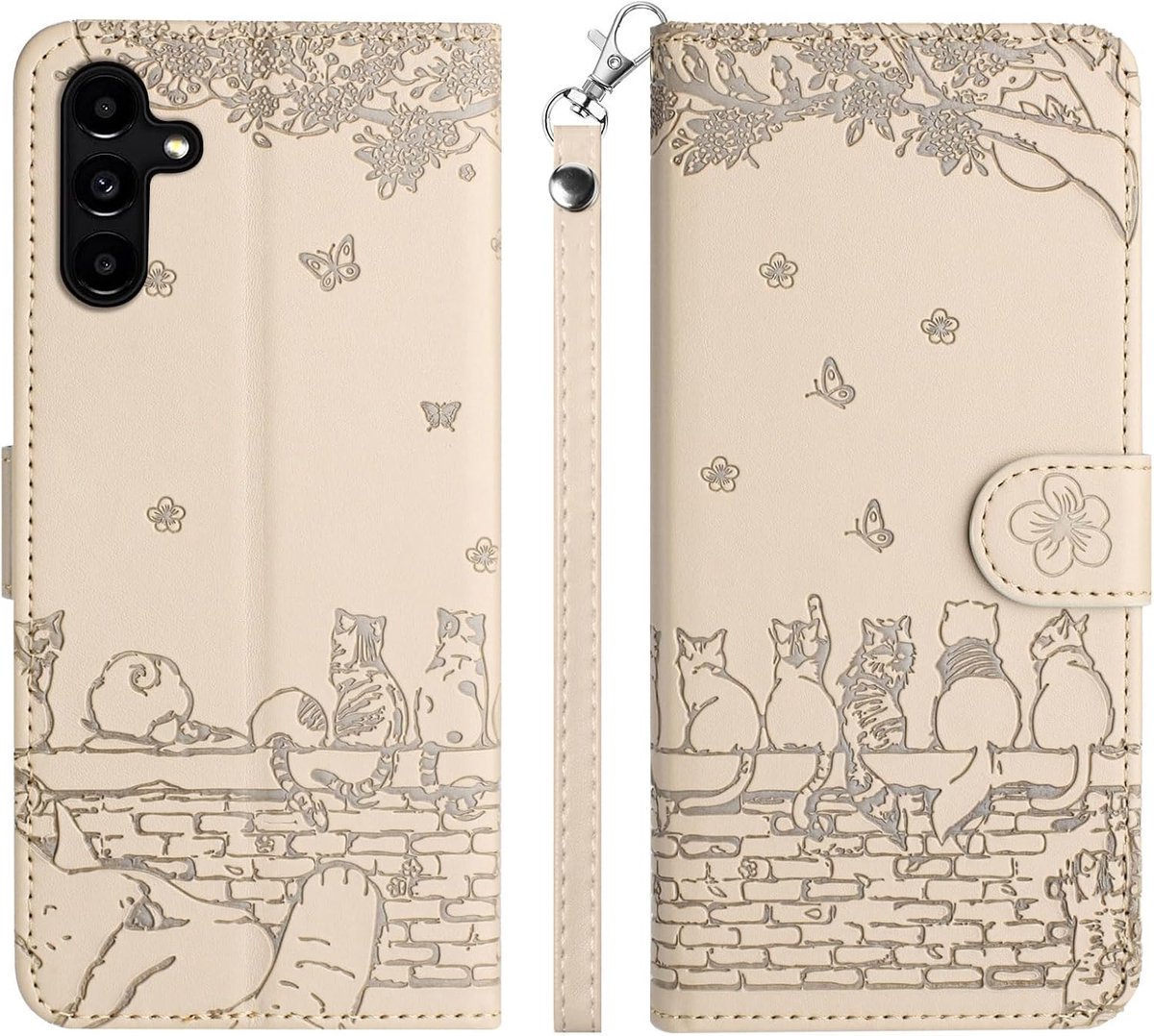 Flip Hoesje voor Samsung Galaxy S24 FE 5G, Vlinders Katten Bloemen PU-lederen Klapbare Hoes Telefoonhoesje Portemonnee Hoesje Case met Kaarthouder Standaard Magneetsluiting, Beige