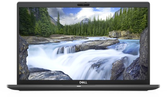 Zwart Dell Latitude 7410 laptop met een weids uitzicht op een waterval op het scherm.