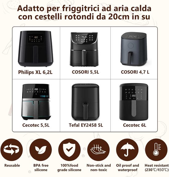 Accessoires 21CM - Airfryer accessoires Compatibel voor Philips 2000 Serie 6,2L (NA230/00), COSORI 5,5L 4,7L, Cecotec 6L, 4-delig: herbruikbare siliconenvorm, grillrooster, pizzapan — afbeelding 2