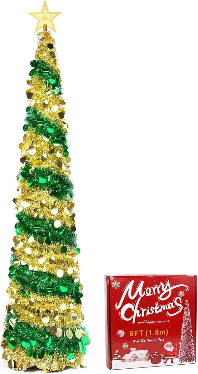 kerstboom met standaard, 1,8m/6ft opvouwbare pop-up kerstboom met pailletten voor kerst, feestbenodigdheden, huisdecoratie, goudgroen