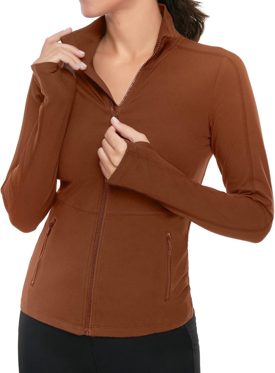 Hardloopjack voor dames, trainingsjack, lange mouwen, fitness, yoga, ademende jas met zakken, duimgaten, met ritssluiting, shirt