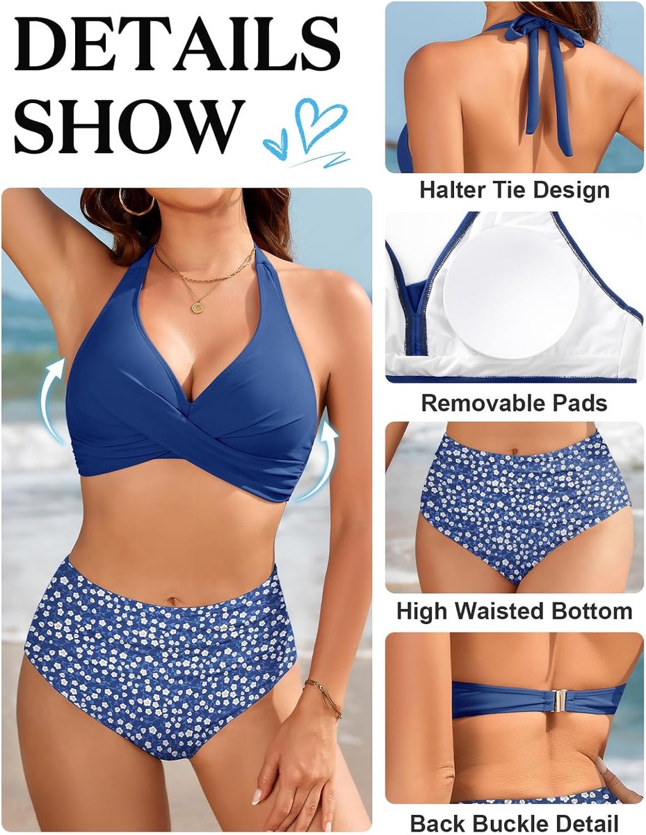 Bikini voor dames, hoge taille, badpak, 2-delig, plooien, buikcontrole, V-hals, sexy bandjes, halterdesign, mini-bloemen, bikiniset