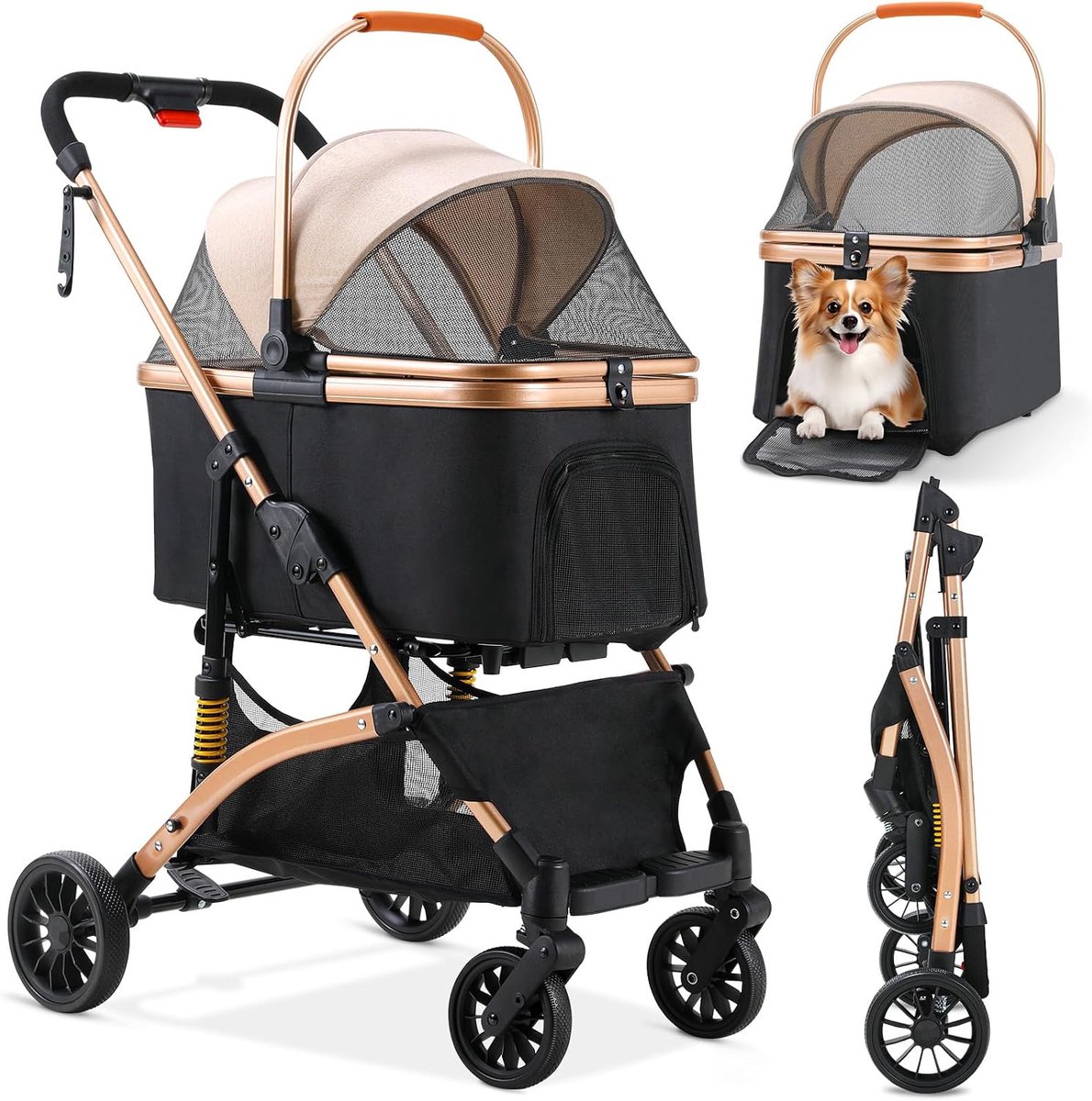 3-in-1 hondenwagen, hondenbox, transporttas, opvouwbare kattenwagen, 360° slijtvaste rubberen wielen, met opbergmand, netvenster, bekerhouder, voor kleine honden en katten, tot 20 kg