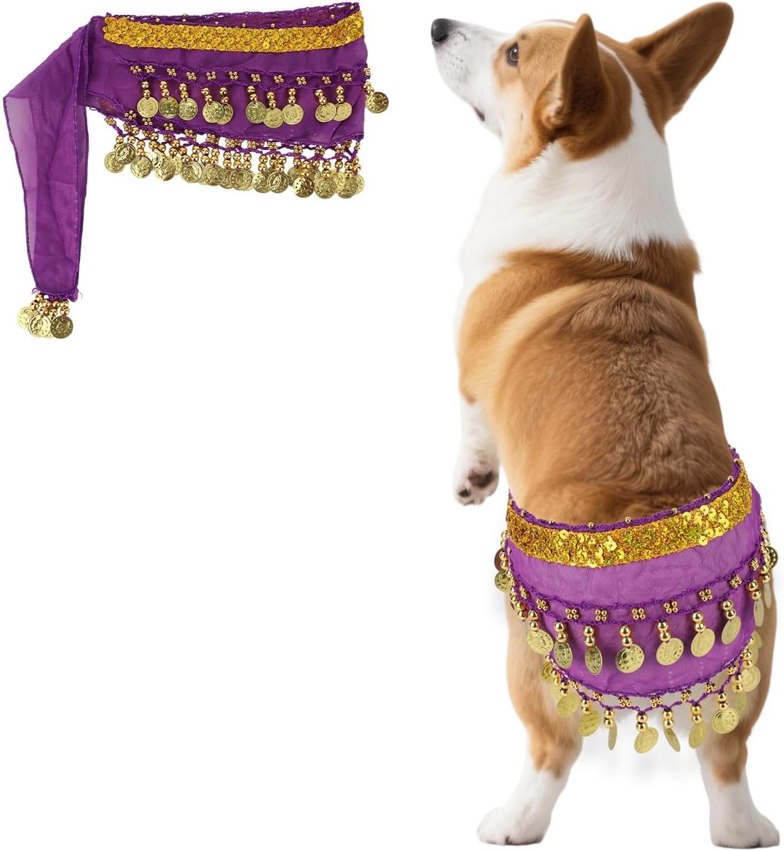 Buikdansrok voor Honden met Pailletten, Bling Buikdanssjaal voor Corgi's Verstelbaar Puppy-Danskostuum Verjaardagsfeestjes Halloween en Feestvoorstellingen (Paars)