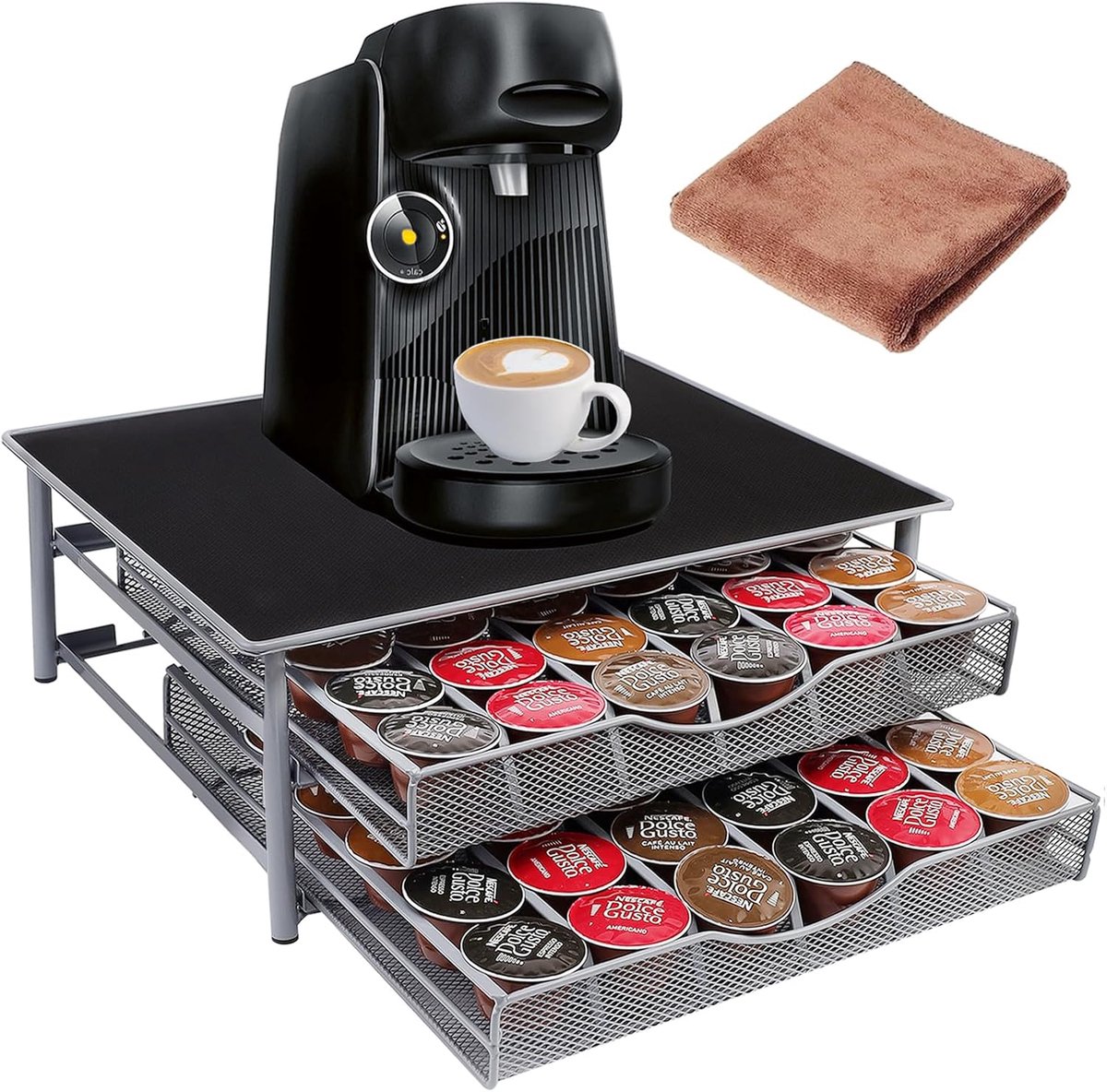 Capsulehouder met Lade,Koffiepads Opberglade,Capsulehouder voor Dolce Gusto 72 Capsules,Stapelbare Koffiecapsules,Ladebox met Handgrepen,Standaard met Netvormige Vakken