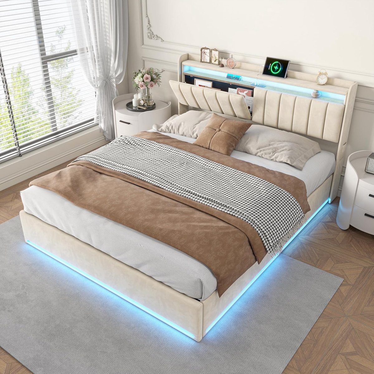 Gestoffeerd bed 140x190 cm met opbergruimte, LED hydraulisch fluwelen bed met USB