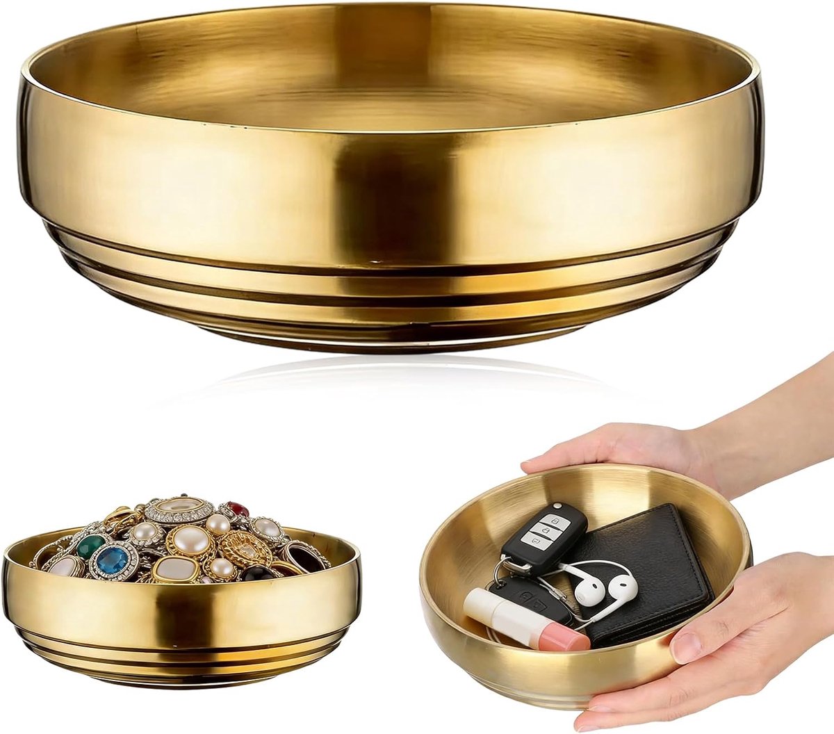 Schaal, gouden sleutelschaal, geborsteld gepolijst roestvrij staal, moderne sleutelhouder voor entree, woondecoratie, cadeau (19 cm)