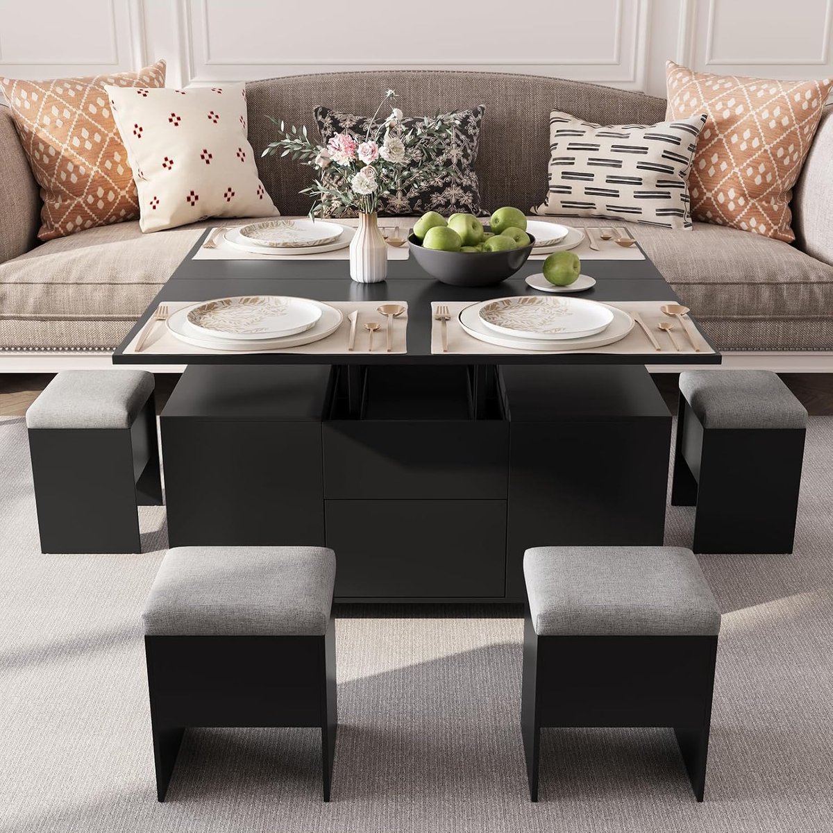 Salontafel met lifttop, salontafel met opbergruimte, 4-in-1 multifunctionele salontafel converteerbaar, uitschuifbaar, met 4 krukken, 108 x 105 x 68 cm, zwart