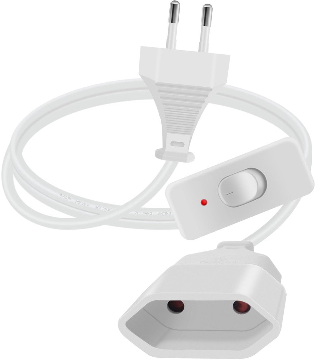 verlengkabel met schakelaar 2,5 A 250 V Verlengkabel Eurostekker met schakelaar Euro verlengkabel kort, voor huishoudelijke apparaten, computers, tv-monitoren (Wit, 2 m)