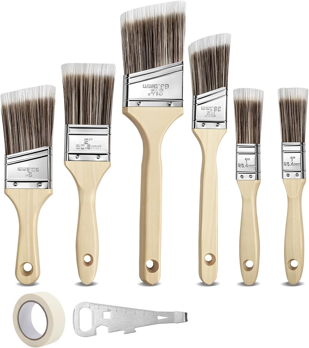 6-delige schilderpenselenset met houten handvat + multifunctionele opener & schilderkrepp - kwasten in verschillende breedtes voor renovatie, schilderen van muren, meubels & lakwerkzaamheden