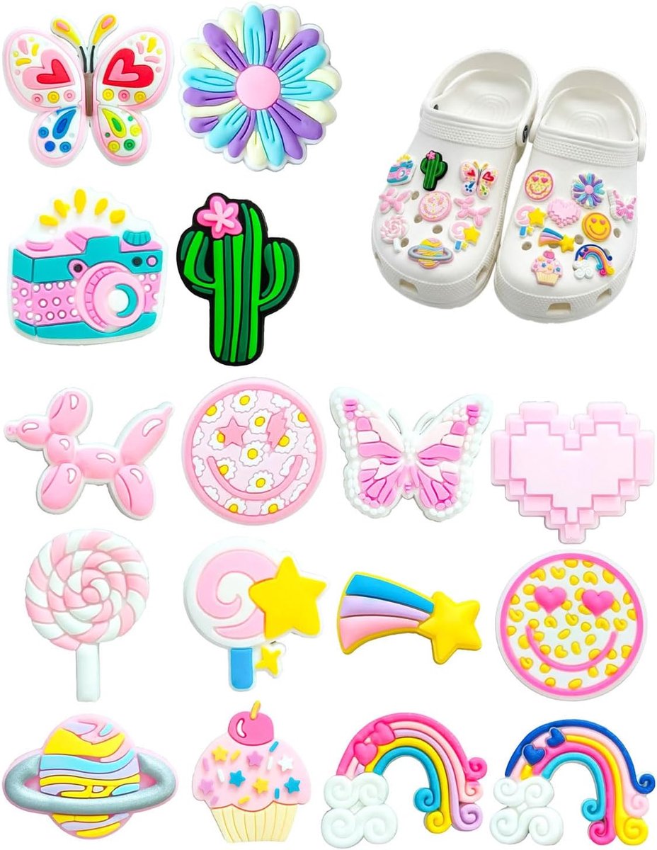 Clog-ornamenten van pvc, 16 stuks, uitneembare decoratie voor klompen, badschoenen en sandalen, doe-het-zelf voor meisjes en vrouwen (A)
