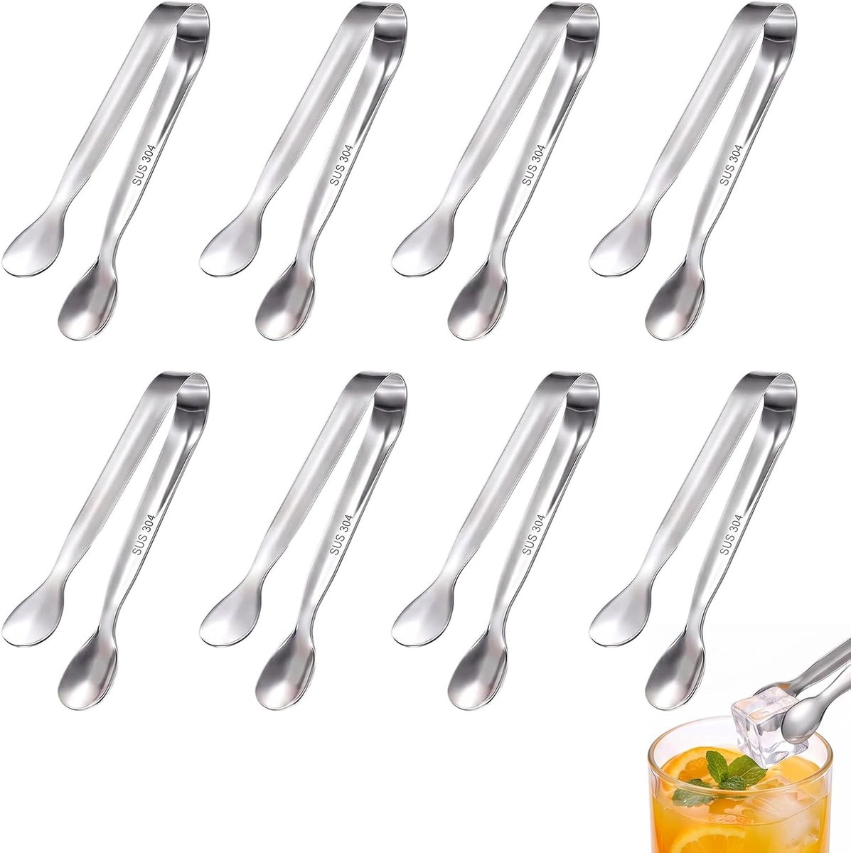 8 stuks ijstangen, snoeptangen, roestvrij staal, mini-levensmiddelen, roestvrij staal, zilver, ijs, veelzijdig, voor suiker, koffie, thee, cocktails, buffet, bar, keuken en recepties