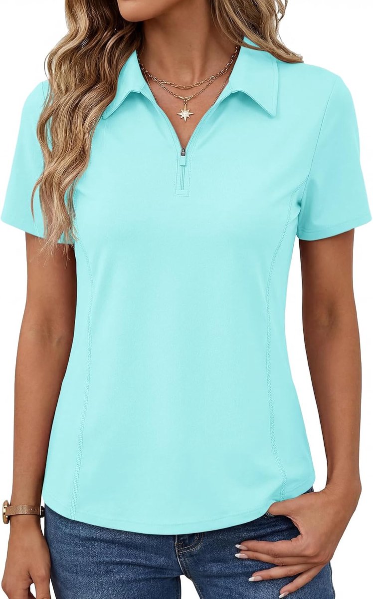 Poloshirt voor dames, T-shirt, korte mouwen, sportshirt, golf, sport, bovenstuk, UPF 50+, licht, ademend, fitness, loopshirt, wandelkleding met 1/4 ritssluiting