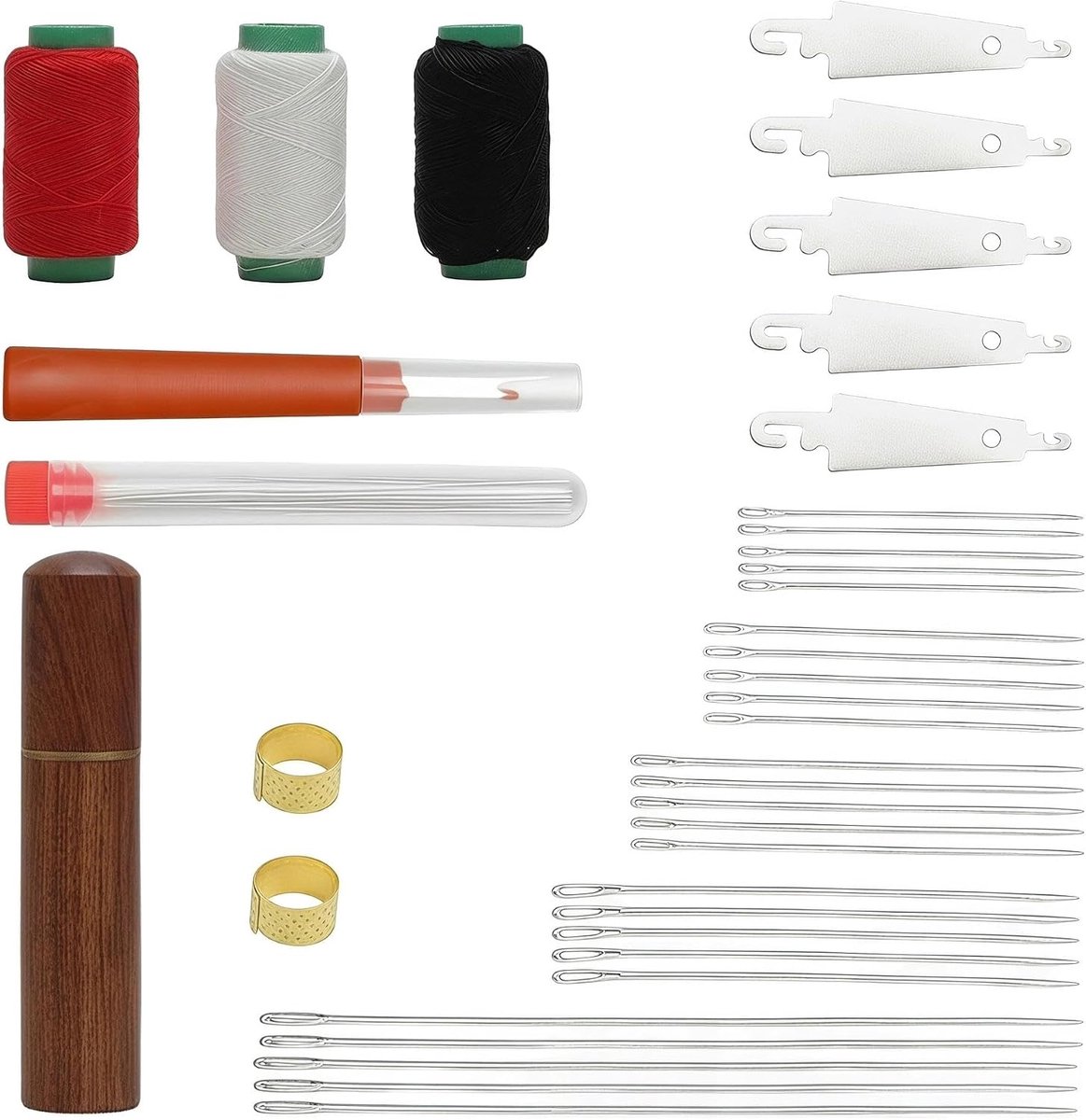 Set 59-delig – 25 handnaalden in 6 maten met groot oog roestvrij staal + 34 accessoires (naadverdeler, draadinrijger, vingerhoed, garen) – doe-het-zelf reparatie voor thuis en op reis