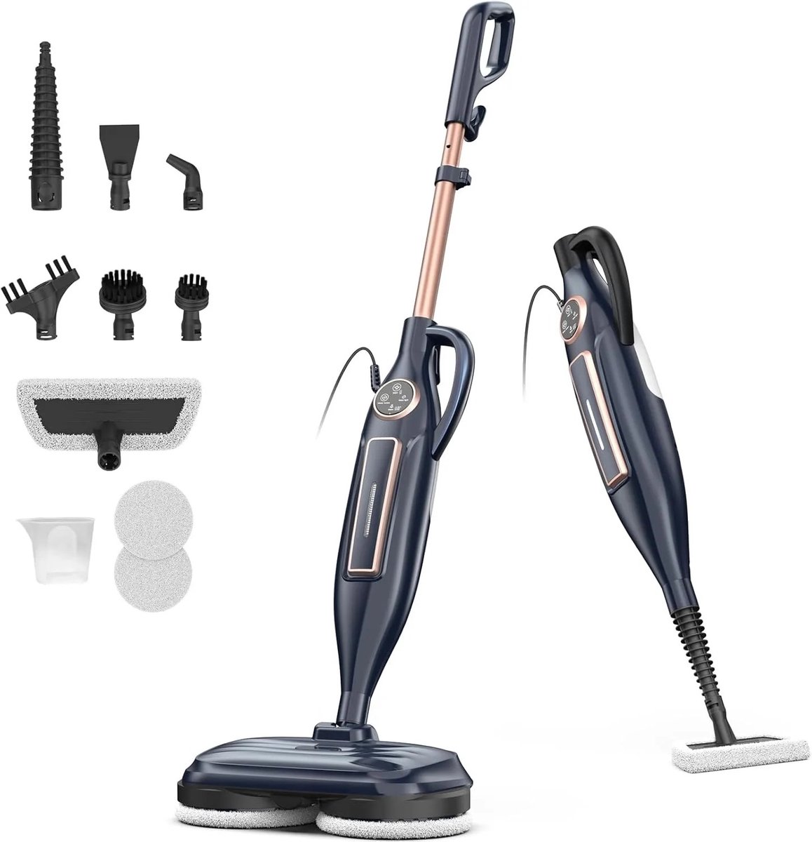 ITRONIQ Stoomreiniger 10-in-1 – Stoommop met Roterende Dweilpads – 1300 Watt – 330 ml Watertank – Handstomer – Donkerblauw