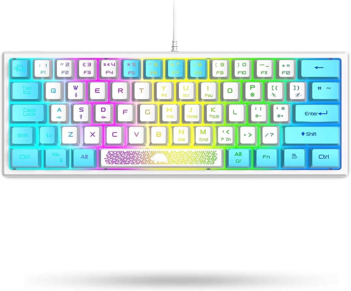 60% Compact UK Layout USB Bedraad Gaming Toetsenbord, 62 Toetsen RGB Mechanisch Gevoel Mini Anti-ghosting Toetsen Ergonomisch Voor PC Laptop Windows Computer Gamer Office, Blauw En Wit