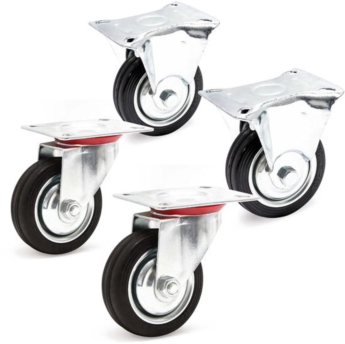 Transportwielen set - Verplaatsbare wielen - Zware ladingen verplaatsen - 2x zwenkwiel met rem - 75 mm diameter - zwart