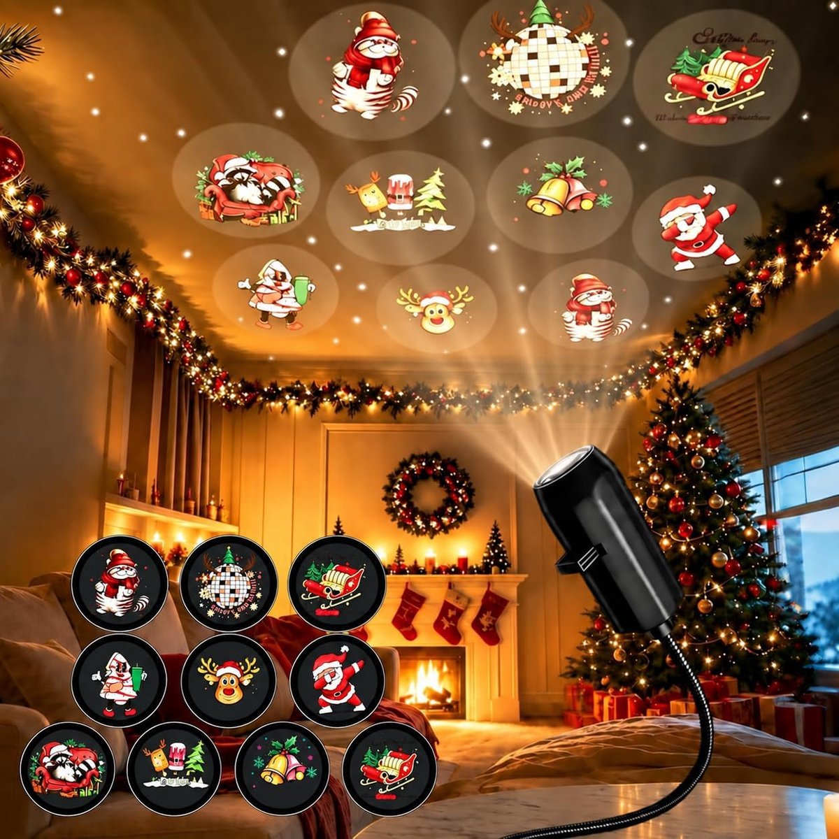 kerstprojector - Met 10 Kerstafbeeldingen - USB Oplaadbaar - 2-in-1 Projector - Kerst Led-projector - Draagbare vakantieprojector - Projectorlamp - Mini Feestelijke Projector - Flexibele Hals - Kerstcadeaus - Kerstdecoratie - Zwart