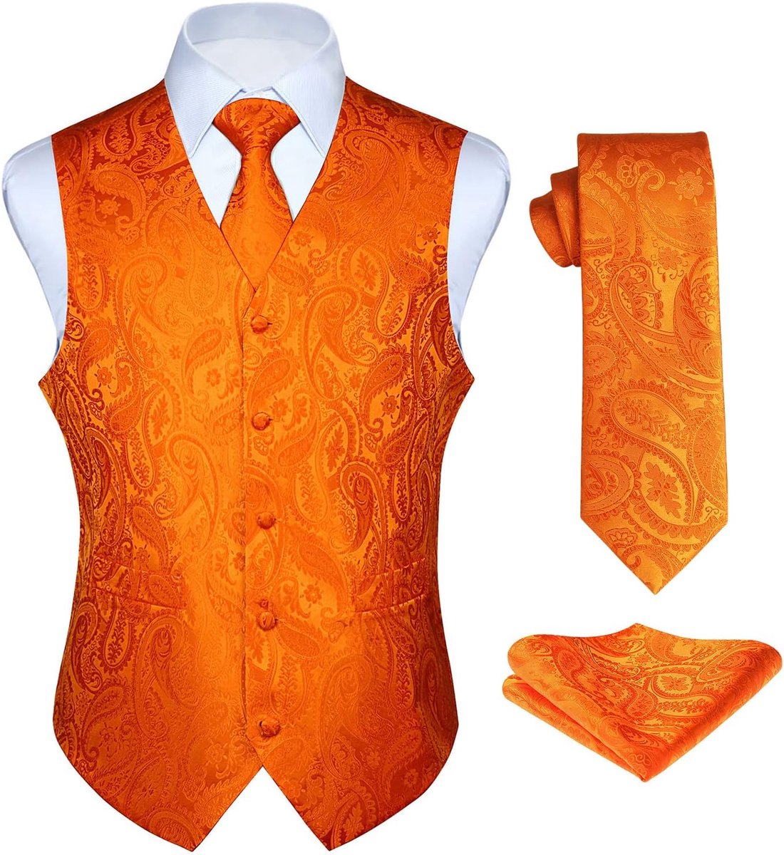 Gilet voor heren, paisley-gilet voor bruiloft, stropdas, pochet, bloemenpatroon, jacquard feestpak, set met gilet