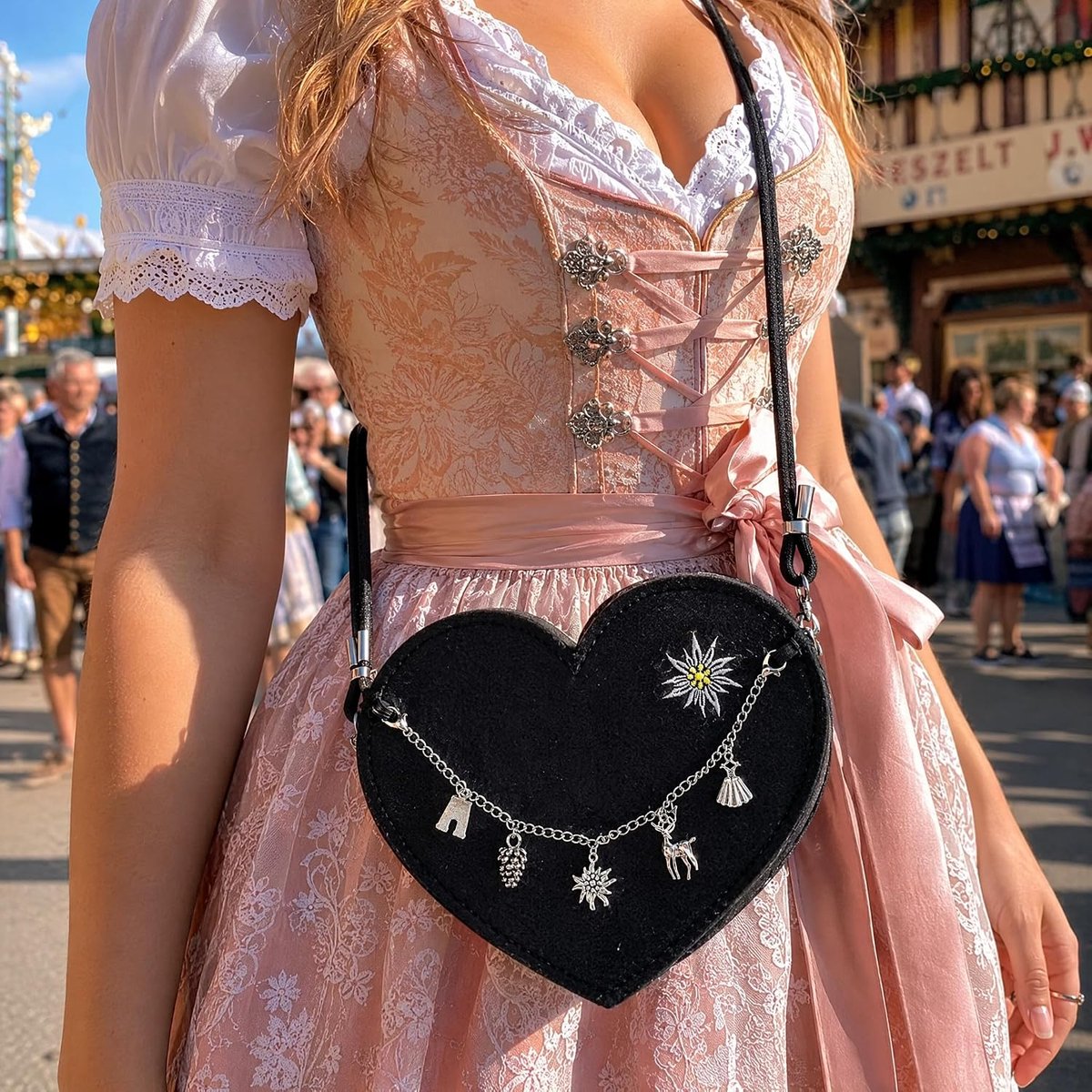 Klederdrachttas voor dames, dirndltas voor Oktoberfest, accessoires | Harttas voor dames van vilt, verstelbare schouderriem, decoratieve hanger, compact formaat en veilige opslag.