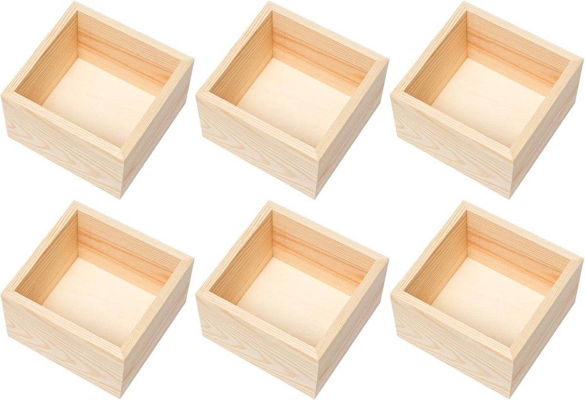 Set van 6 Vierkante Houten Dozen zonder Deksel 10x10x6 cm voor Opslag, Decoratie en Ambachten