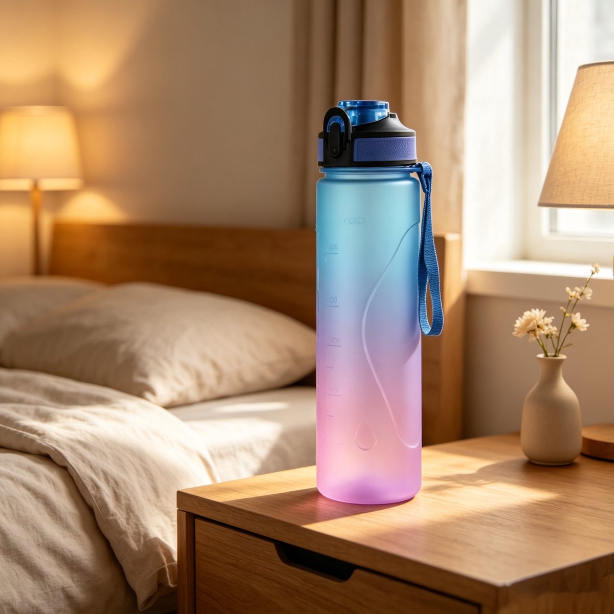 1000 ml drinkbeker met rietje in een blauwe kleurovergang grote inhoud stijlvol ontwerp hittebestendig draagbare waterfles