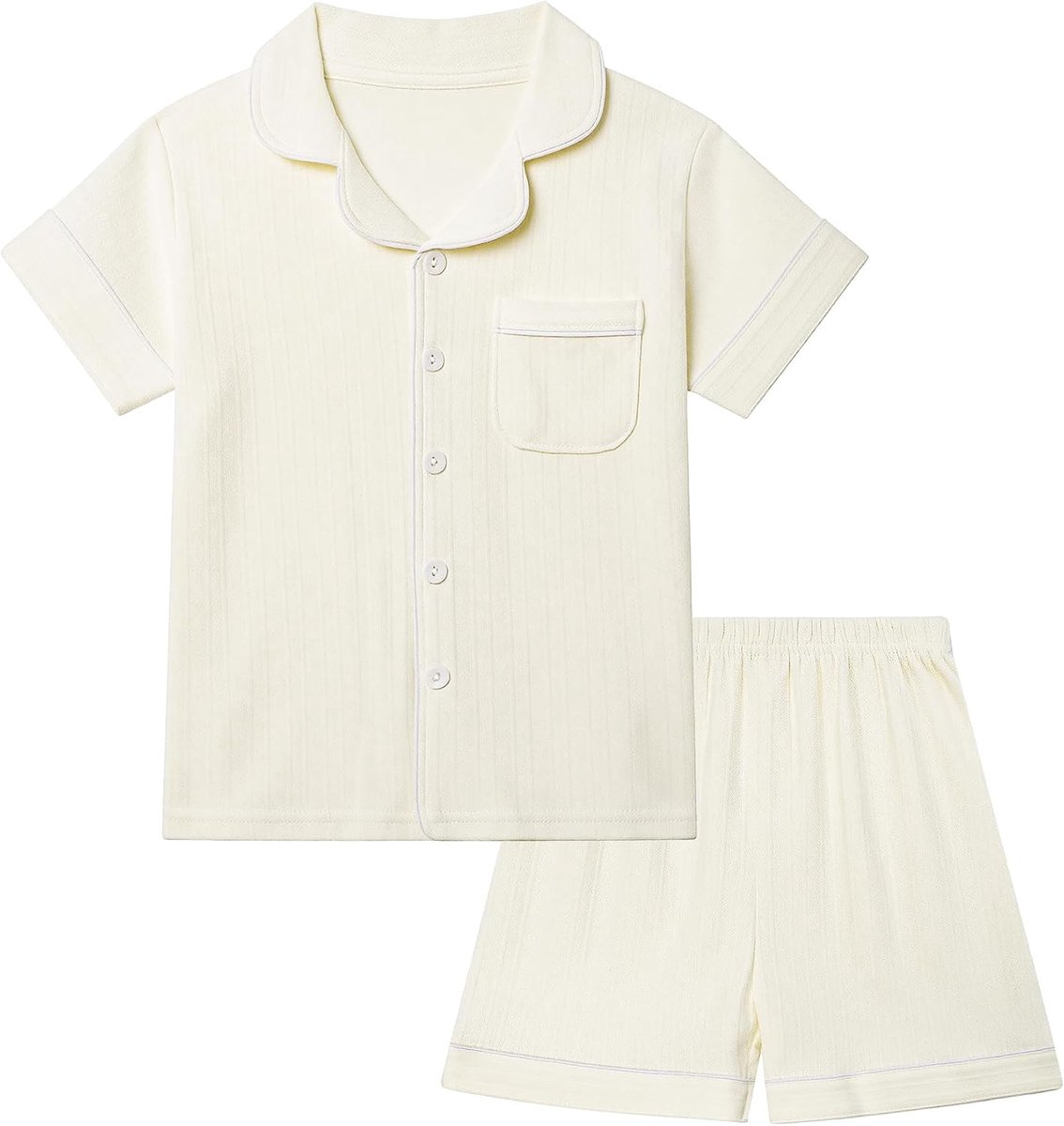 NANU Katoenen pyjama voor kinderen, korte mouwen (110-158 cm), 2-delig, knoopsluiting, ademende meisjespyjama voor nacht en vrije tijd, effen kleuren