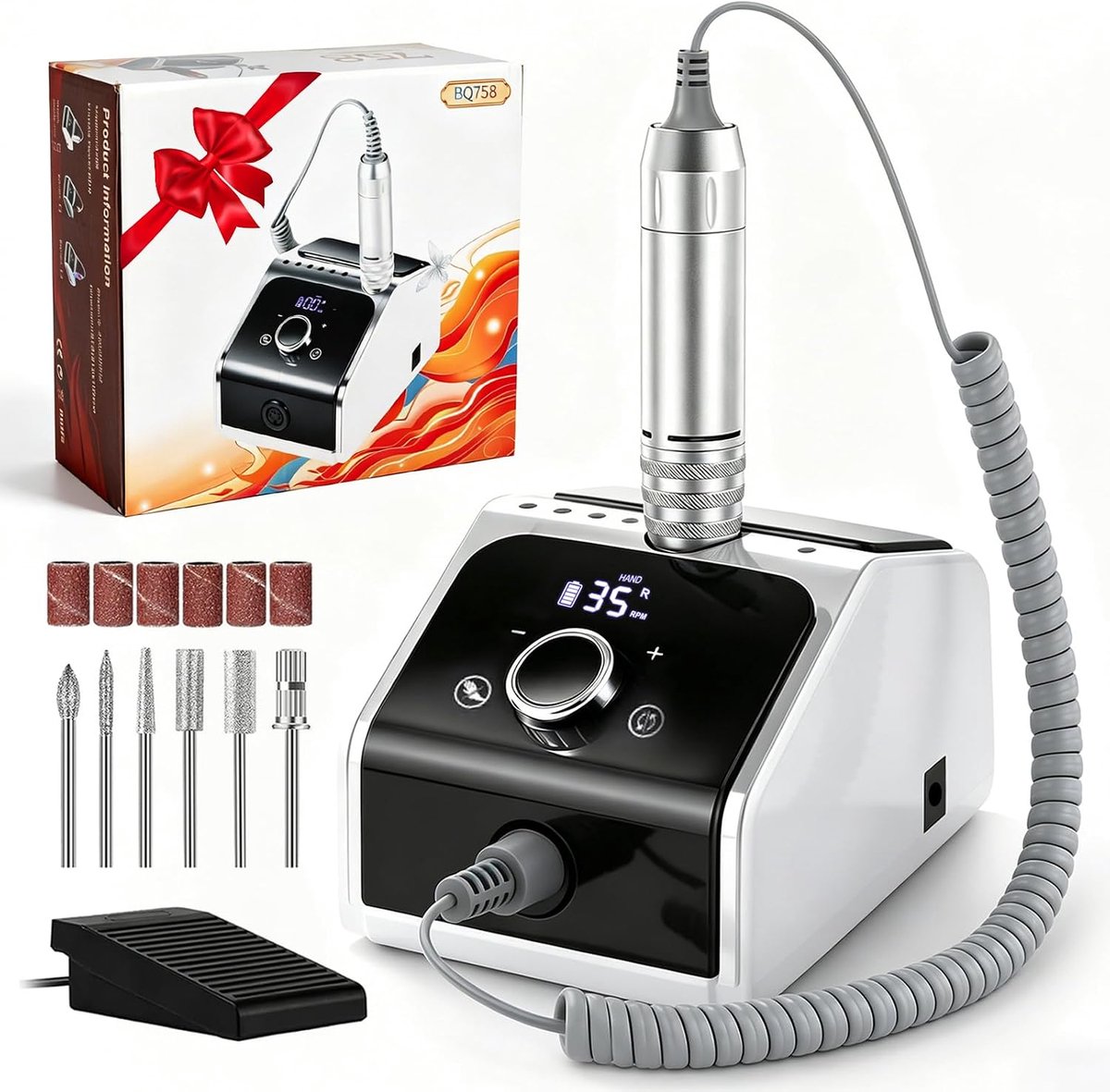Elektrische Nagelboormachine: 35.000 RPM met LCD, hand- en voetbediening, stil voor acryl-/gelnagels, manicure/pedicure - voor thuis en salon（Wit）