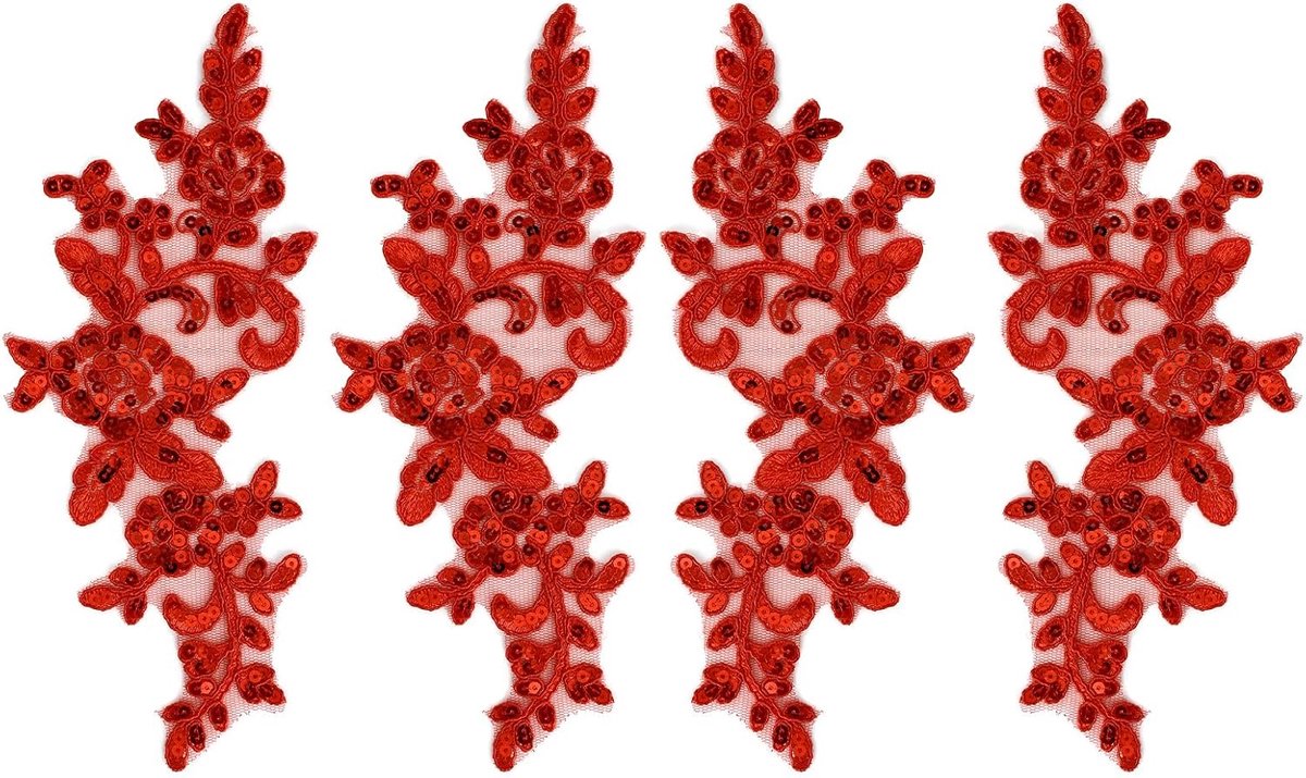 4 Stuks Geborduurde Pailletten en Kanten Applicaties, Rood Geborduurde Bloemenpatches Glanzende Pailletten Kanten Randpatches voor Bruiloft Bruidsjurk Naaiprojecten Doe-Het-Zelf Kleding