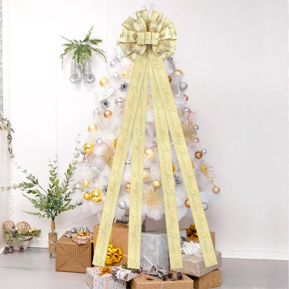 kerstboomversiering strik, 51 x 13 inch extra grote vlaskransstrikken, beige strikversieringen met glitter gouden rand, handgemaakte kerstversiering voor thuis, buiten, verjaardagen en