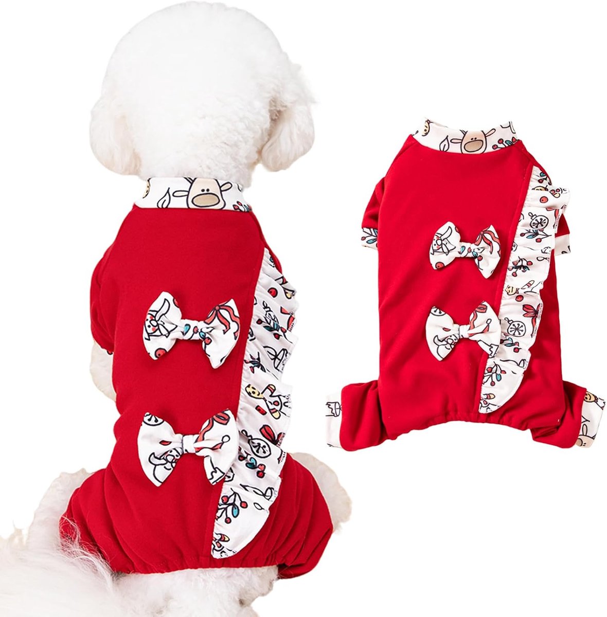 Hondentrui, vier poten hond fleece kleding huisdier koud weer jas kostuum voor kleine tot middelgrote honden en katten (rode strik, L)