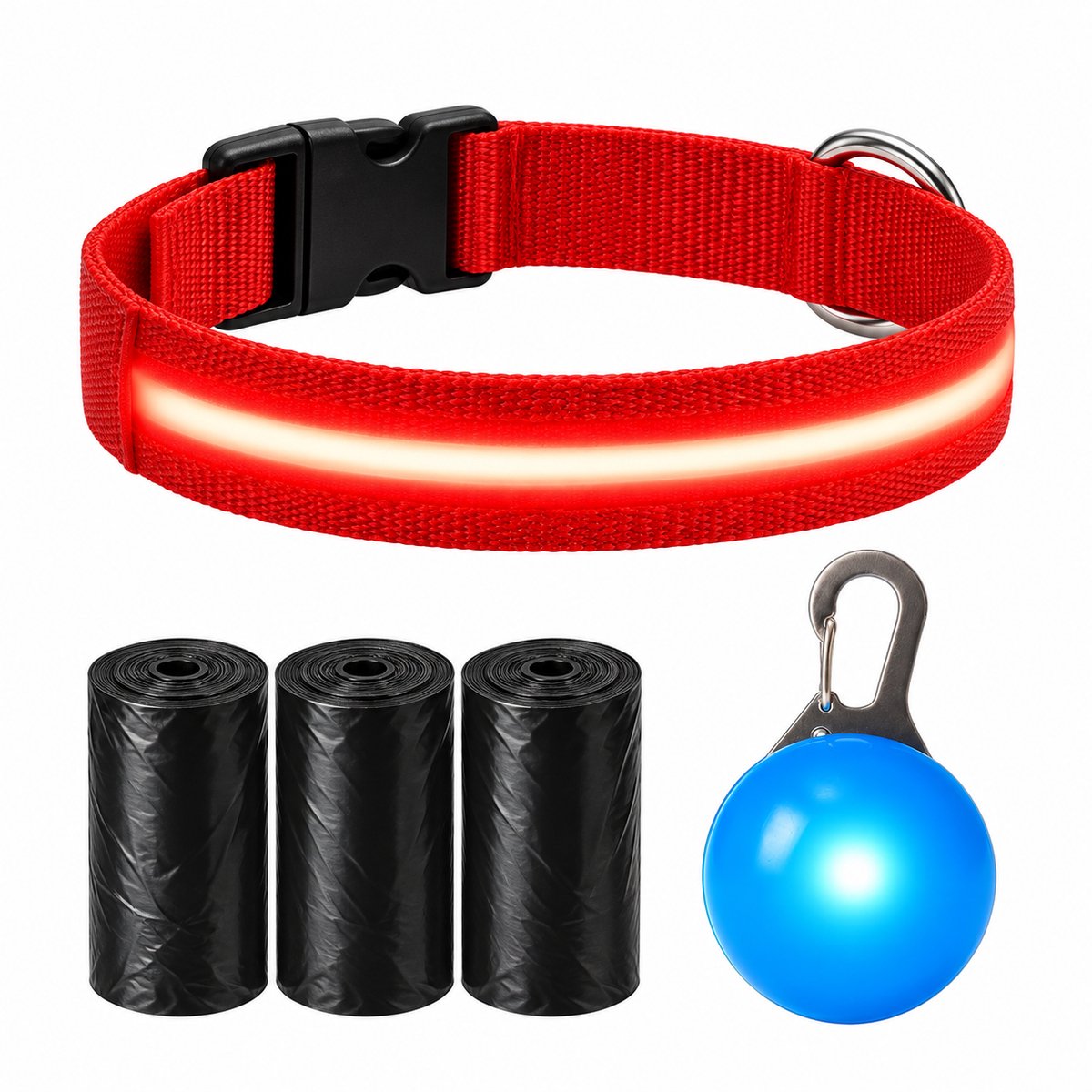 Professor Q LED Halsband Hond - Rood M (37–46 cm) - Blauw LED Lampje + 45 Poepzakjes - Nylon USB Oplaadbaar