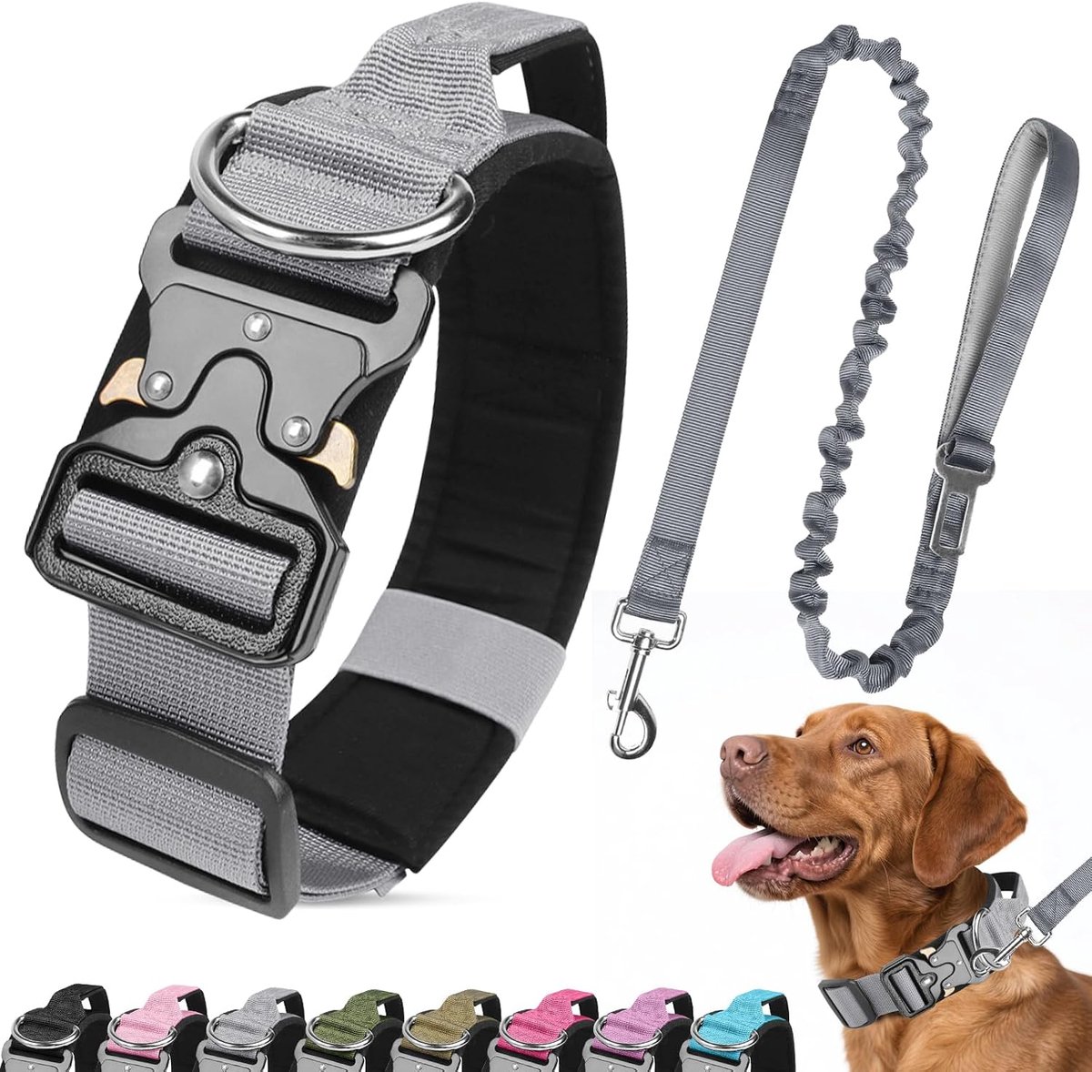 hondenhalsband en riemset, zwaar belastbare, gewatteerde halsband met metalen gesp, militair, verstelbare nylon halsbanden met handvat voor middelgrote en grote hondentraining (grijs