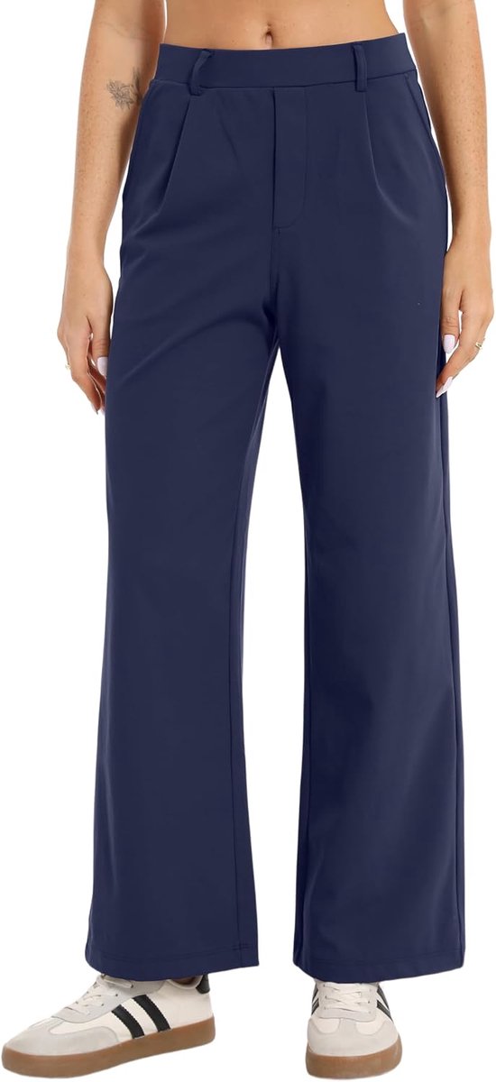 Zakelijke broek voor dames, casual kostuumbroek, hoge taille, stretch, elegante brede stoffen broek met zakken, kantoor, werkbroek, vrijetijdsbroek