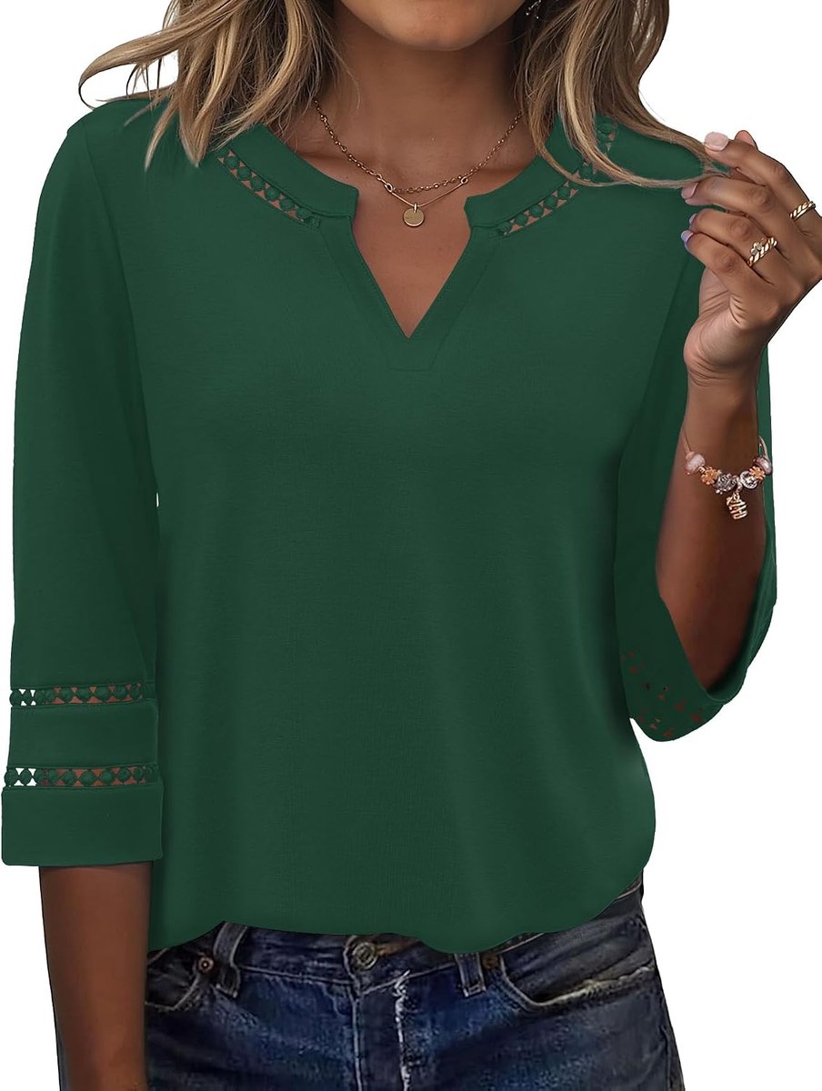 Blouse dames elegant 3/4 mouwen shirt V-hals zomer tuniek kant geborduurd vintage bovendeel 2026 mode tops