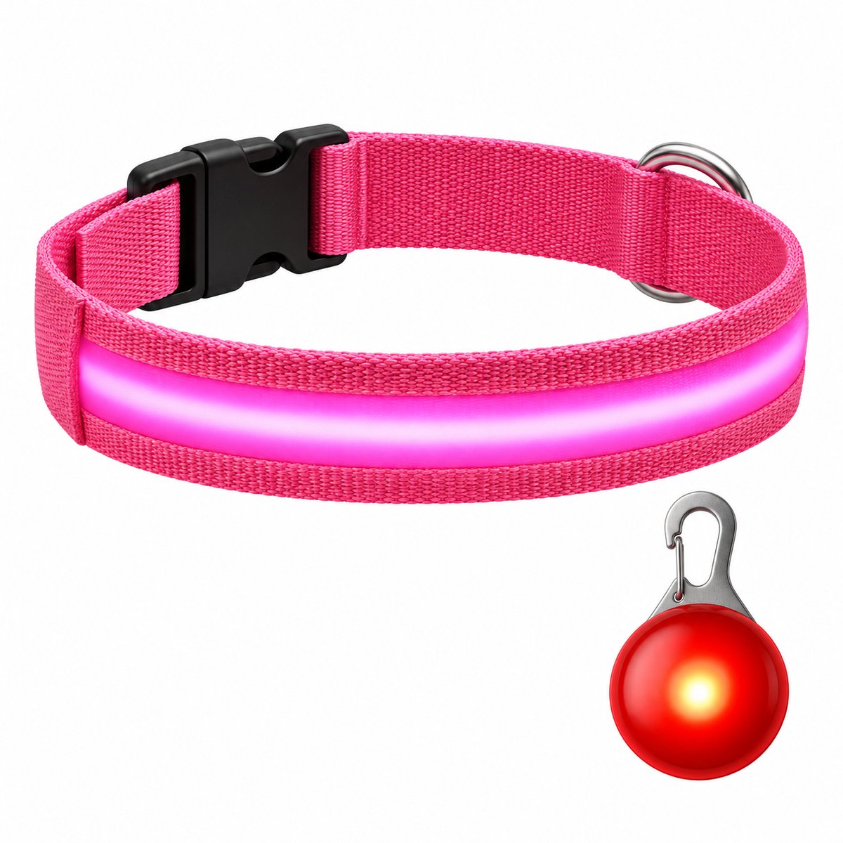 Professor Q LED Halsband Hond - Roze XL (42–56 cm) - Rood LED Lampje - Nylon USB Oplaadbaar