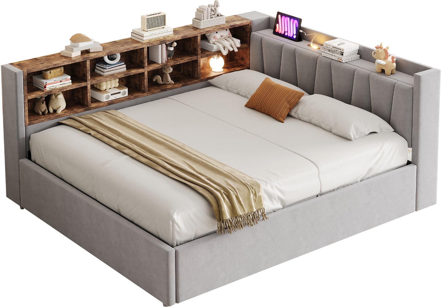 MUVANO Gestoffeerd bed 140x200 cm - bedbank met hydraulische opbergruimte - fluwelen bed lichtgrijs - USB-C, nachtlampje en zijvakken